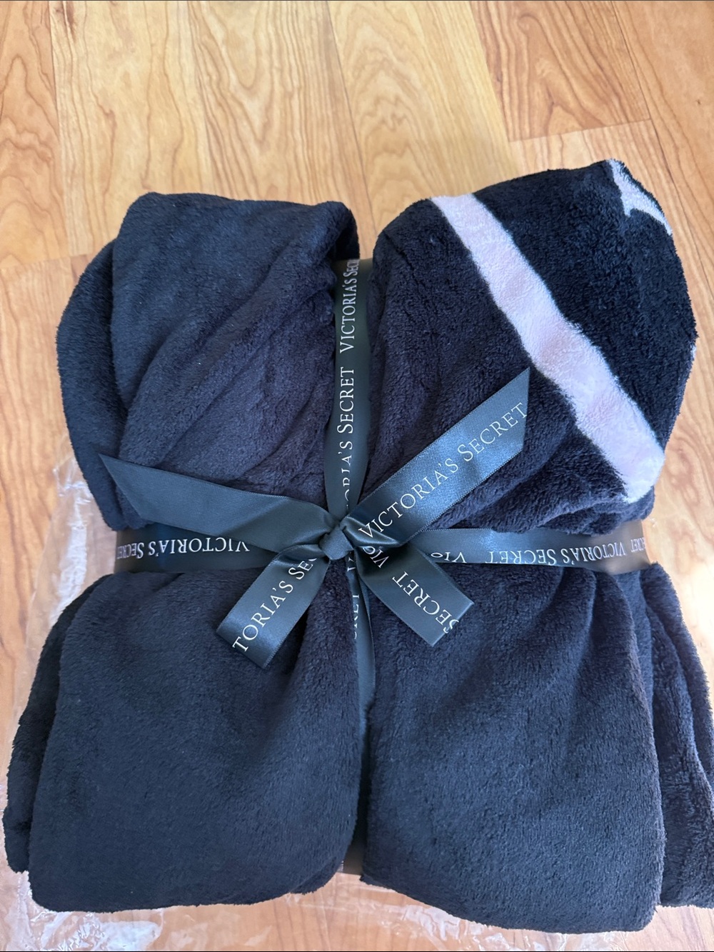 Victoria's Secret Black Plush  Throw with Light Pink Stripe